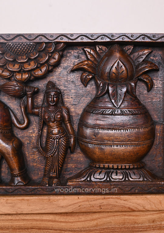 Auspicious Goddess GajaLakshmi With Kumba Kalasam Entrance Decoration Wooden Handcrafted Hooks Fixed Wall Panel 48"