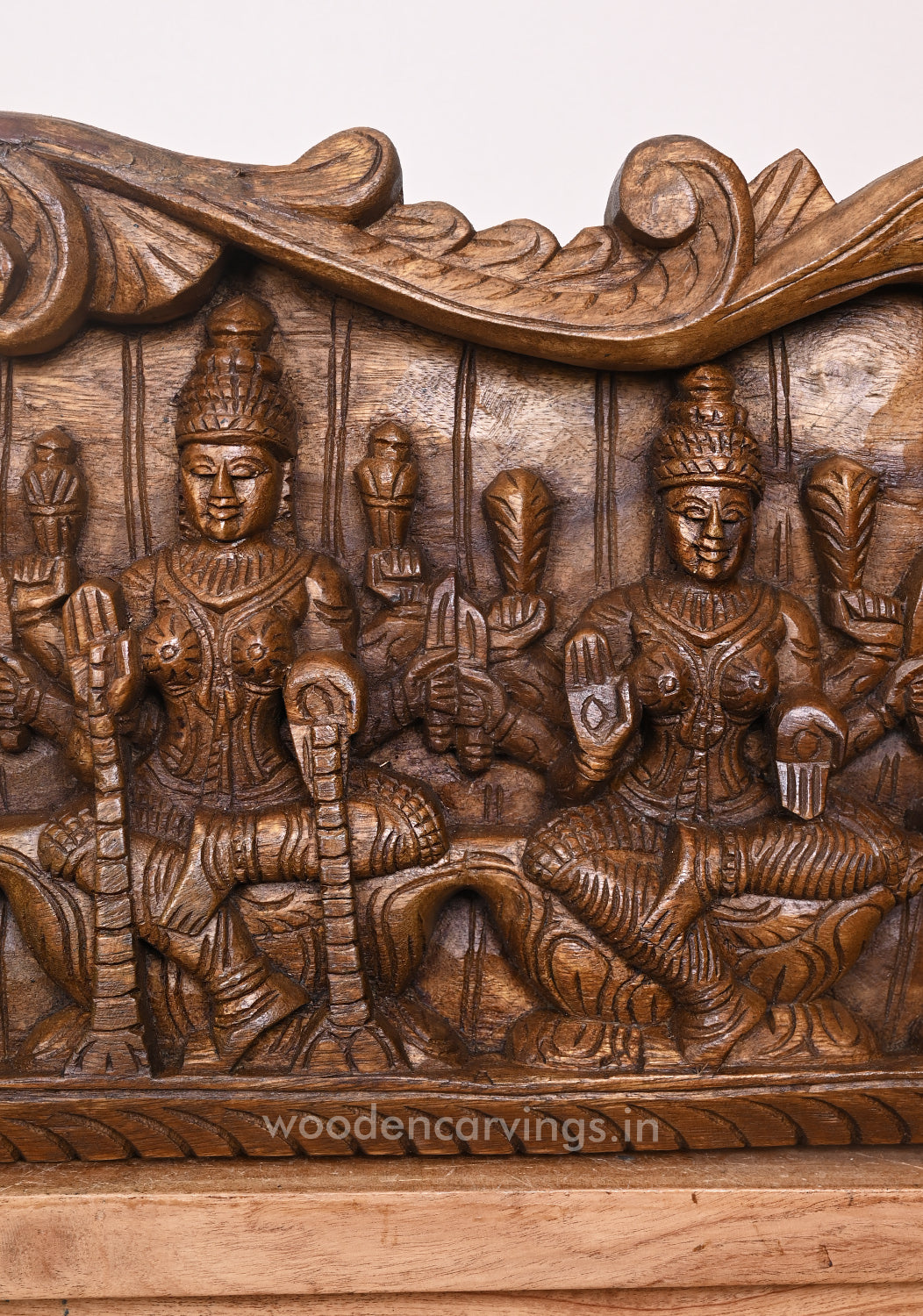 Wooden Horizontal Goddess Astalakshmi Eight Auspicious Forms Handcrafted Hooks Fixed Wooden Wall panel 49.5"