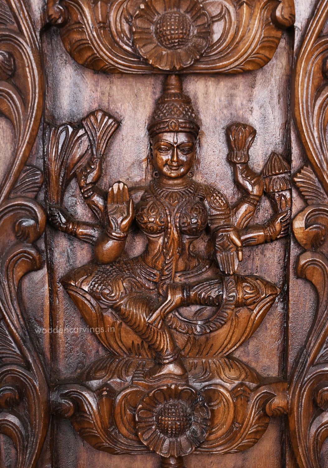 Vertical Eight Auspicious Forms of Goddess Lakshmi Handcrafted Fine Wax Brown Finishing Wooden Wall Panel 72.5"