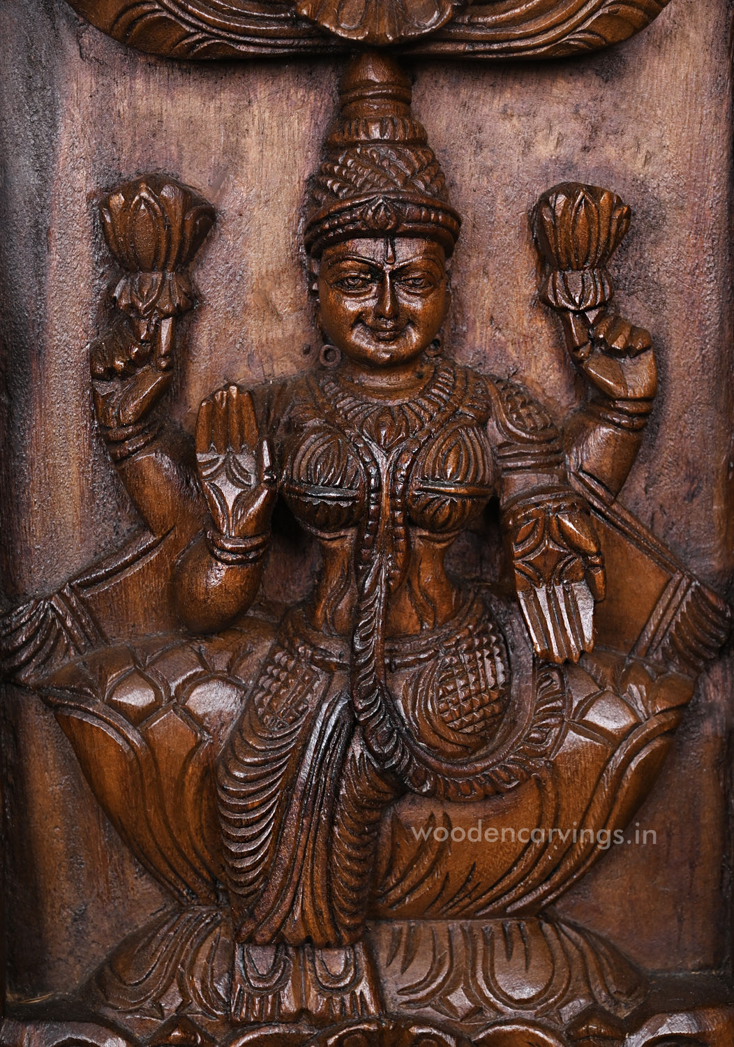 Vertical Eight Auspicious Forms of Goddess Lakshmi Handcrafted Fine Wax Brown Finishing Wooden Wall Panel 72.5"