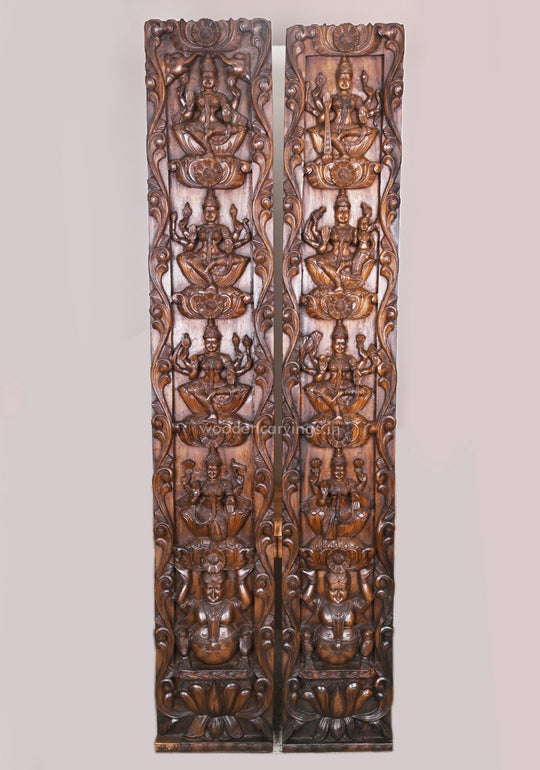 Vertical Eight Auspicious Forms of Goddess Lakshmi Handcrafted Fine Wax Brown Finishing Wooden Wall Panel 72.5"