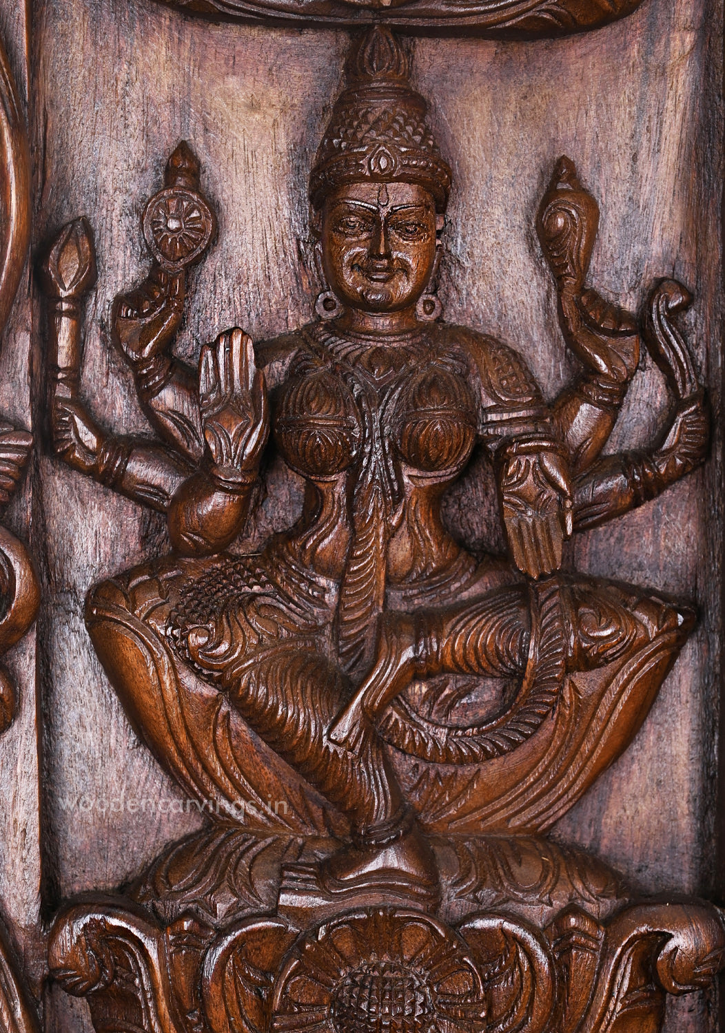 Vertical Eight Auspicious Forms of Goddess Lakshmi Handcrafted Fine Wax Brown Finishing Wooden Wall Panel 72.5"