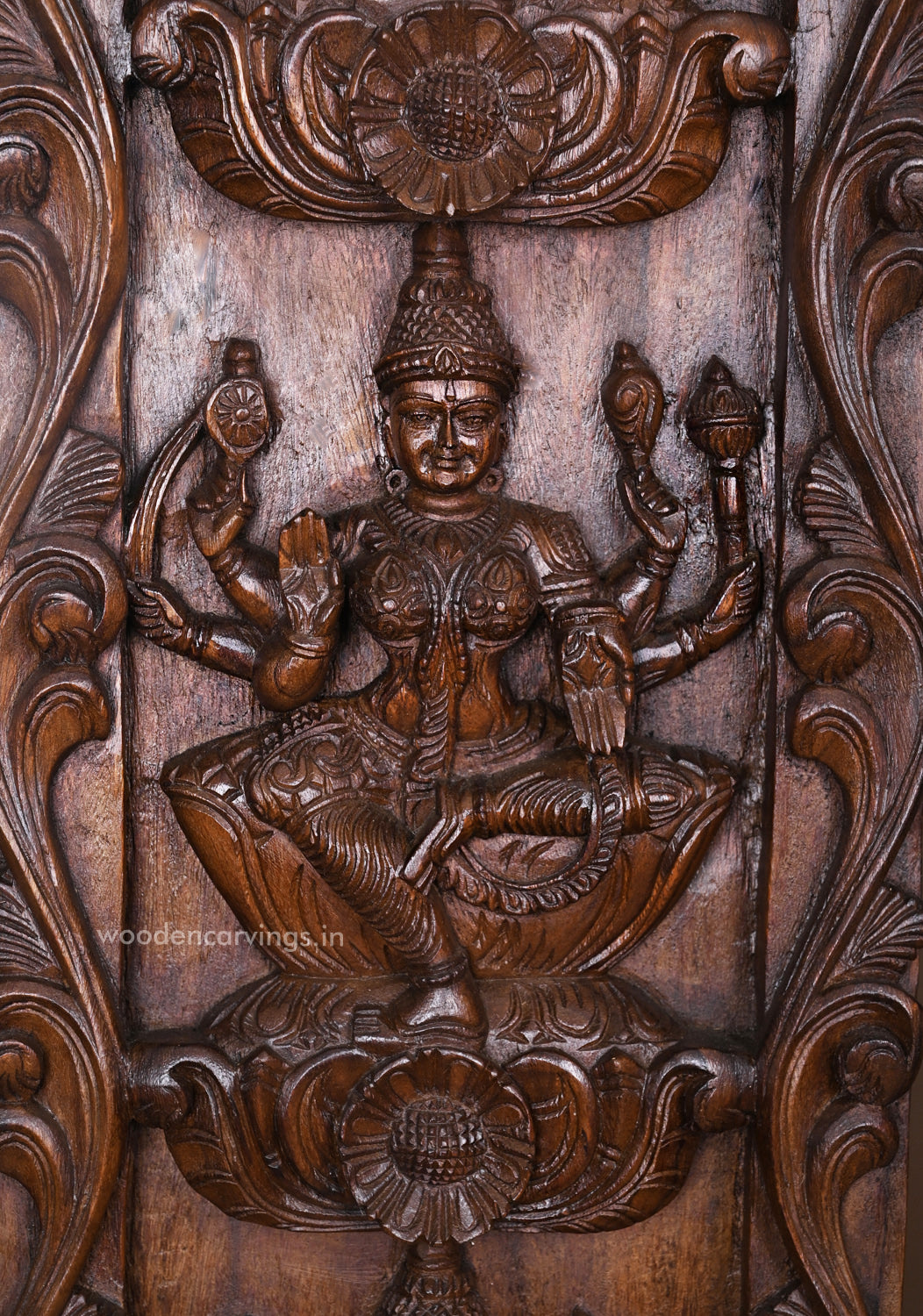 Vertical Eight Auspicious Forms of Goddess Lakshmi Handcrafted Fine Wax Brown Finishing Wooden Wall Panel 72.5"