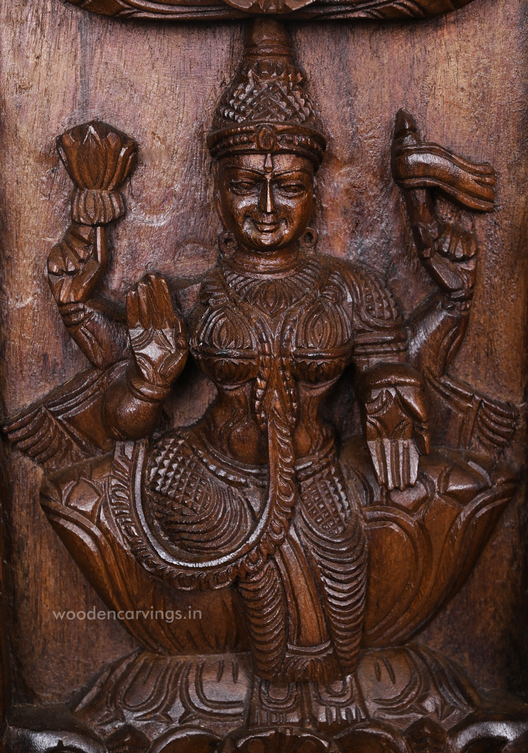 Vertical Eight Auspicious Forms of Goddess Lakshmi Handcrafted Fine Wax Brown Finishing Wooden Wall Panel 72.5"