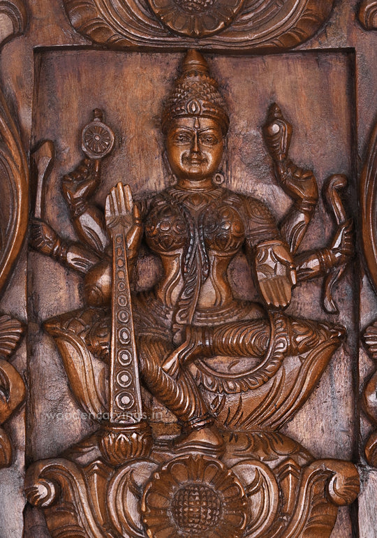 Vertical Eight Auspicious Forms of Goddess Lakshmi Handcrafted Fine Wax Brown Finishing Wooden Wall Panel 72.5"