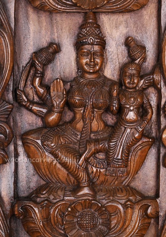 Vertical Eight Auspicious Forms of Goddess Lakshmi Handcrafted Fine Wax Brown Finishing Wooden Wall Panel 72.5"