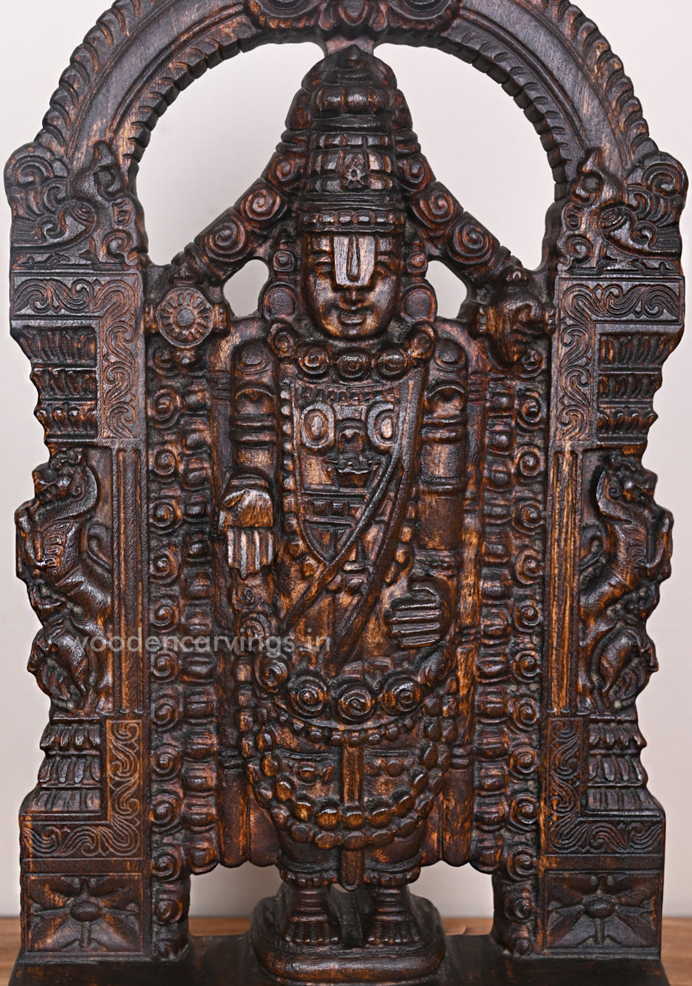 Wooden Standing Tirupathi Handcrafted Venkateshwara Balaji Prabhavali WaxBrown Finishing Sculpture 24.5"