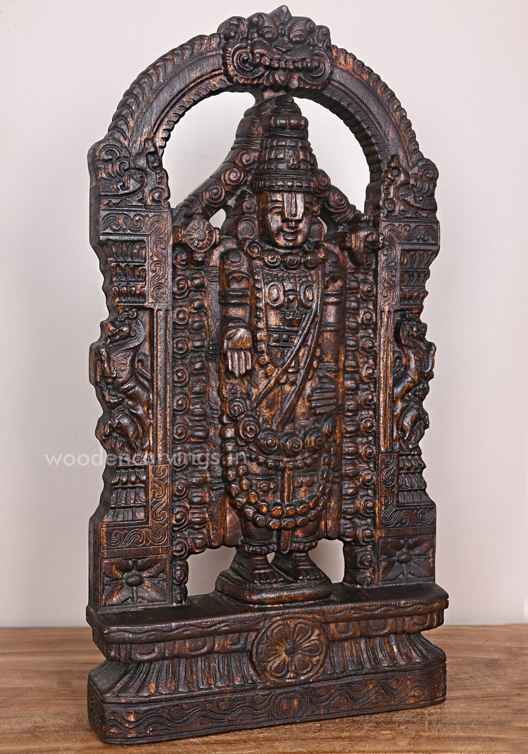 Wooden Standing Tirupathi Handcrafted Venkateshwara Balaji Prabhavali WaxBrown Finishing Sculpture 24.5"