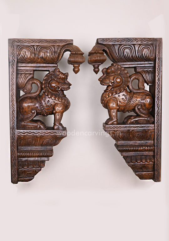 Wooden Briskly Standing Paired Ancient Animal Yaazhi Handcrafted Dome Fixed Wax Brown Wall Brackets 24"