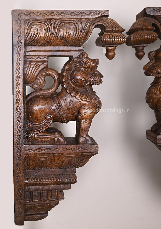 Wooden Briskly Standing Paired Ancient Animal Yaazhi Handcrafted Dome Fixed Wax Brown Wall Brackets 24"