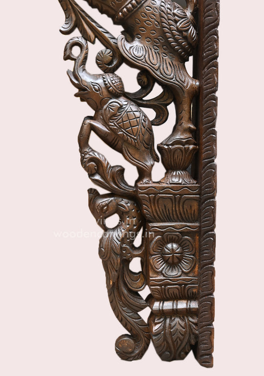 Wooden Standing Ancient Animal Yaazhi With Paired Elephants and Parrots Handcrafed Wall Decoration Wall Mount 45"