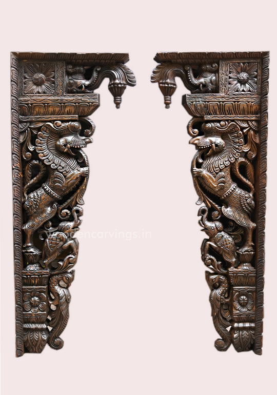 Wooden Standing Ancient Animal Yaazhi With Paired Elephants and Parrots Handcrafed Wall Decoration Wall Mount 45"