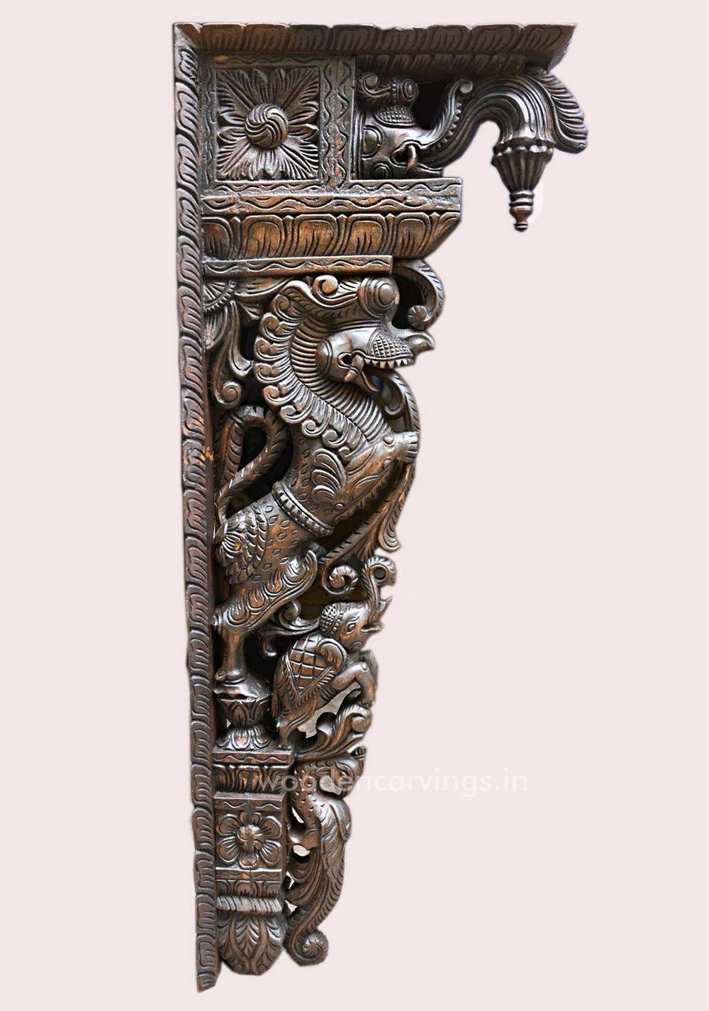 Wooden Standing Ancient Animal Yaazhi With Paired Elephants and Parrots Handcrafed Wall Decoration Wall Mount 45"