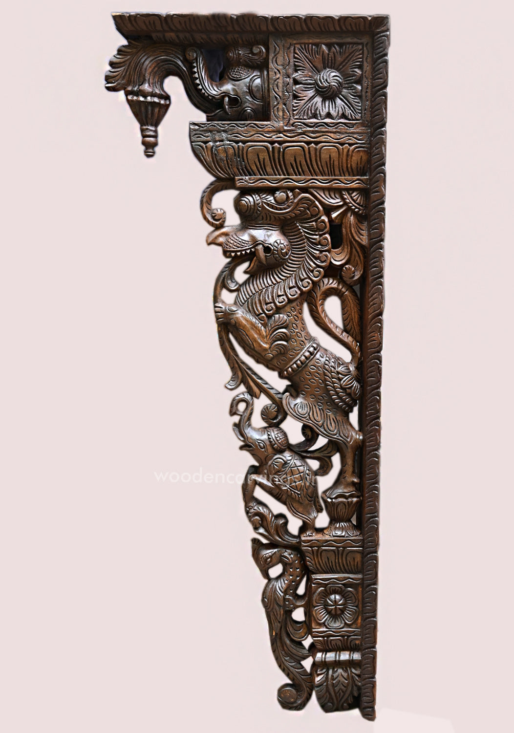 Wooden Standing Ancient Animal Yaazhi With Paired Elephants and Parrots Handcrafed Wall Decoration Wall Mount 45"