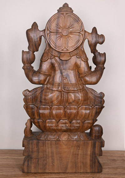 Wooden Lord Ganapathy Feet on Lotus With His Vahana Mouse Holding Writing nail Handcrafted Sculpture 30"