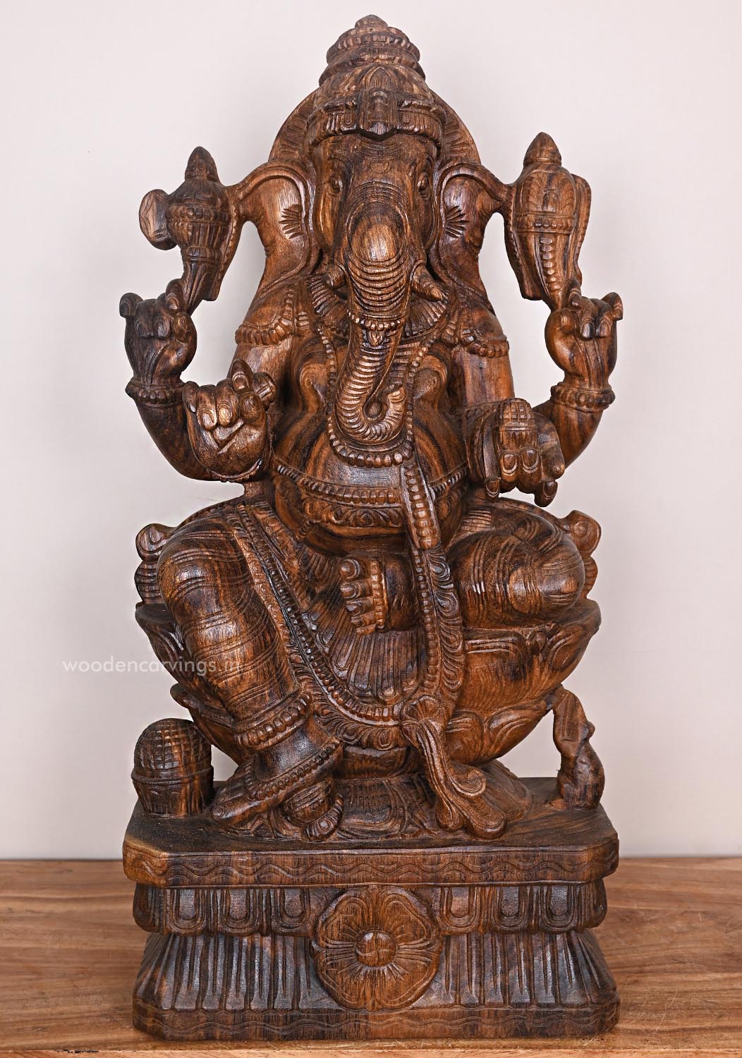 Wooden Lord Ganapathy Feet on Lotus With His Vahana Mouse Holding Writing nail Handcrafted Sculpture 30"