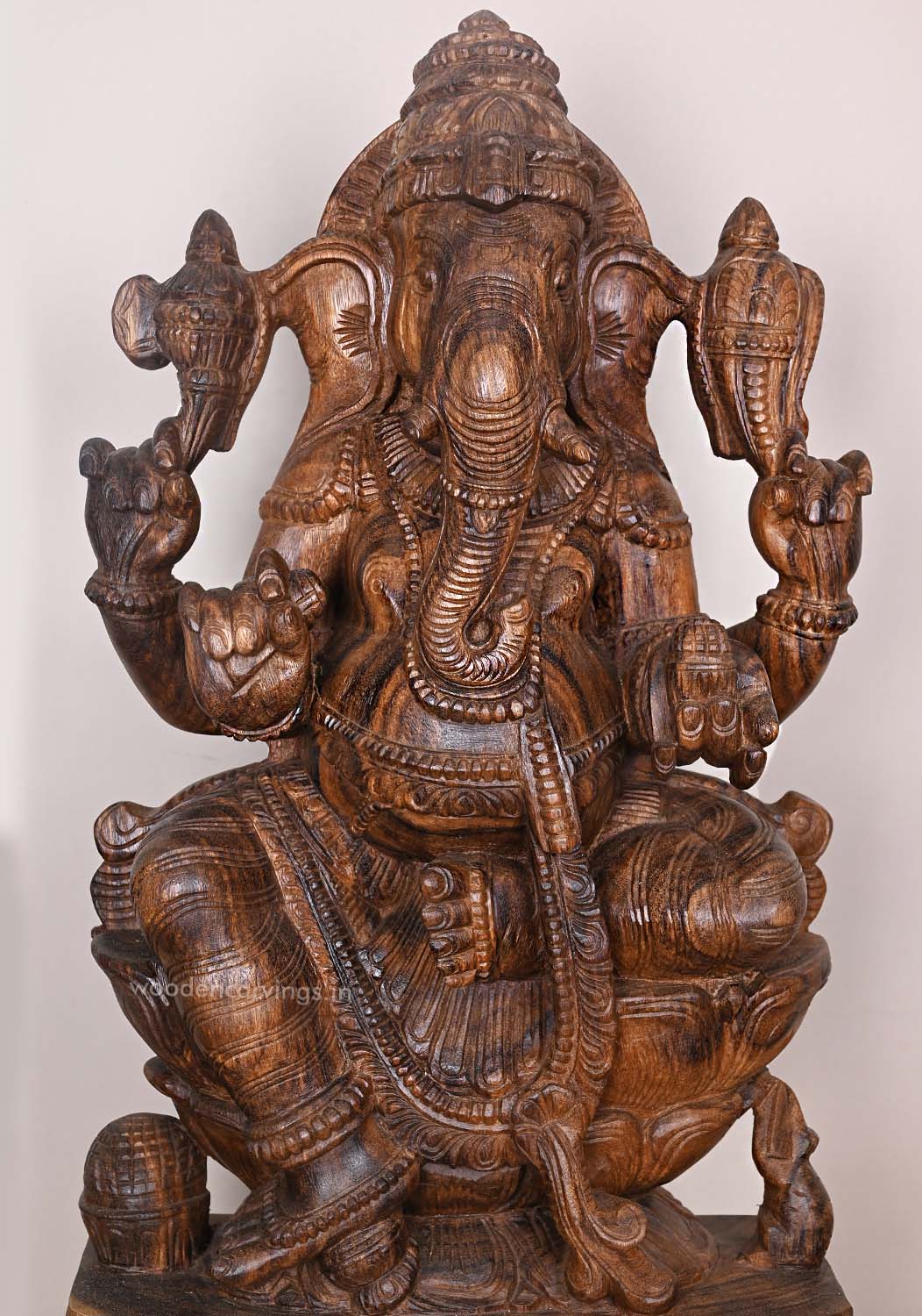 Wooden Lord Ganapathy Feet on Lotus With His Vahana Mouse Holding Writing nail Handcrafted Sculpture 30"