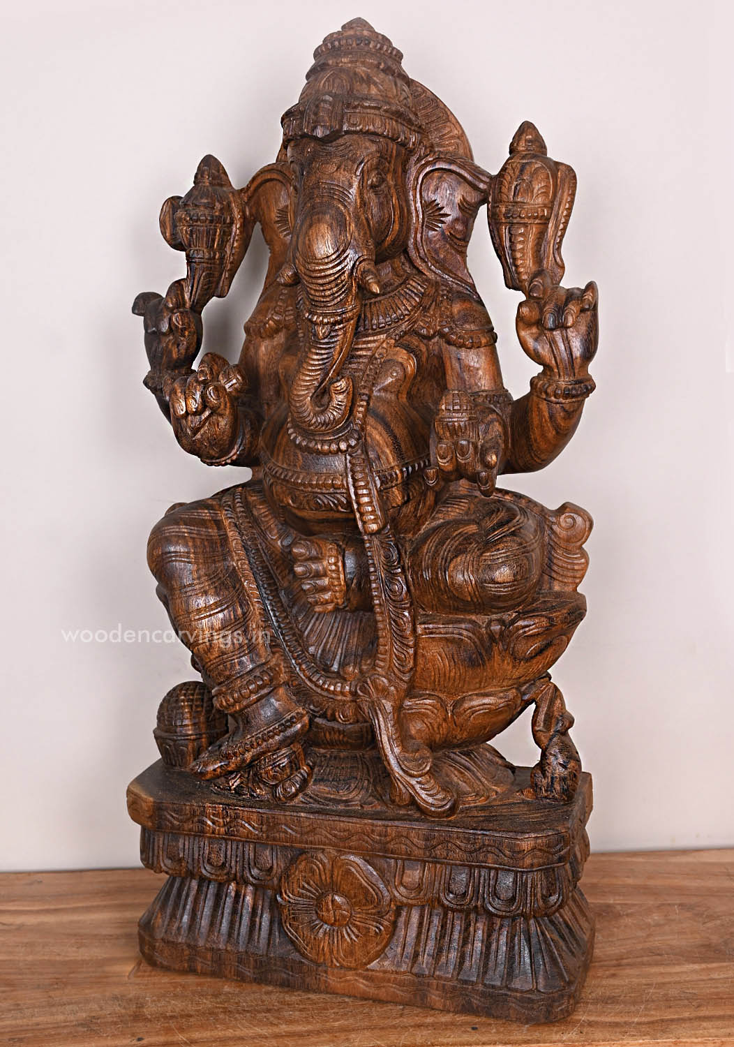 Wooden Lord Ganapathy Feet on Lotus With His Vahana Mouse Holding Writing nail Handcrafted Sculpture 30"