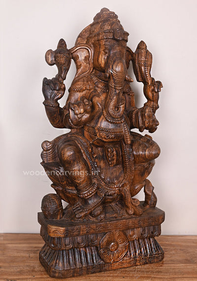 Wooden Lord Ganapathy Feet on Lotus With His Vahana Mouse Holding Writing nail Handcrafted Sculpture 30"