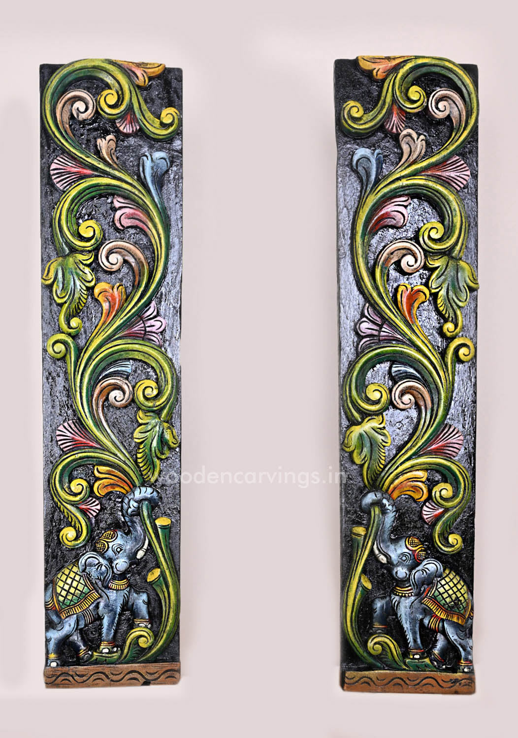 For Gifting and Wall Decoration Floral Design Coloured Grey Elephant Paired Wooden Wall Panels 36"