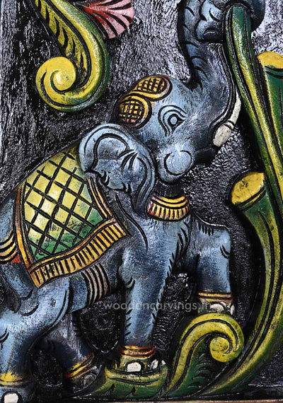 For Gifting and Wall Decoration Floral Design Coloured Grey Elephant Paired Wooden Wall Panels 36"