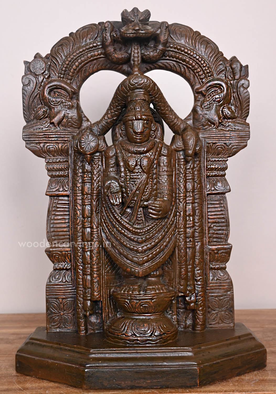 Graceful God Balaji Prabhavali Design Light Weight Standing Handcrafted Wooden Wax Brown Sculpture 17"