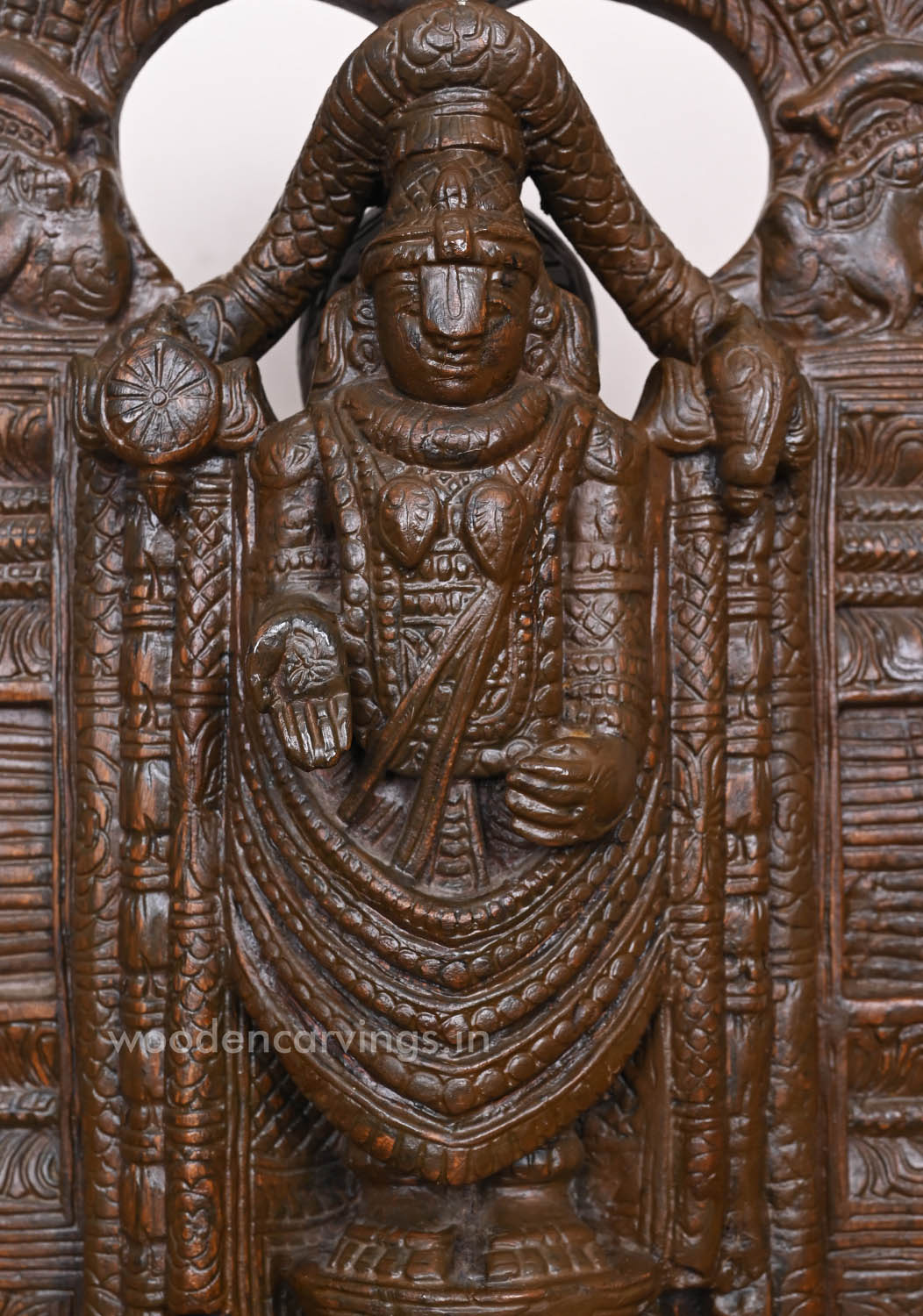 Graceful God Balaji Prabhavali Design Light Weight Standing Handcrafted Wooden Wax Brown Sculpture 17"