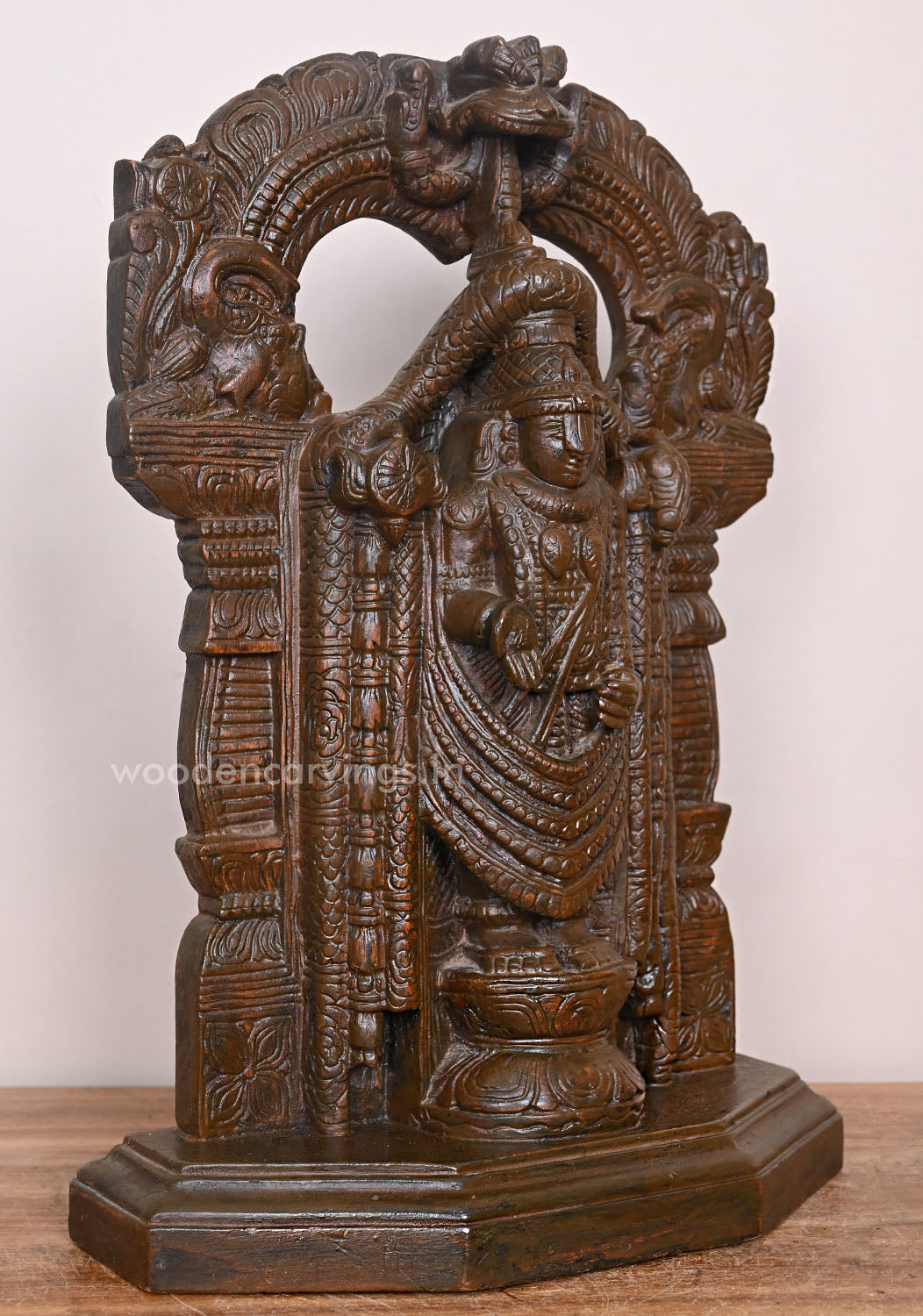 Graceful God Balaji Prabhavali Design Light Weight Standing Handcrafted Wooden Wax Brown Sculpture 17"