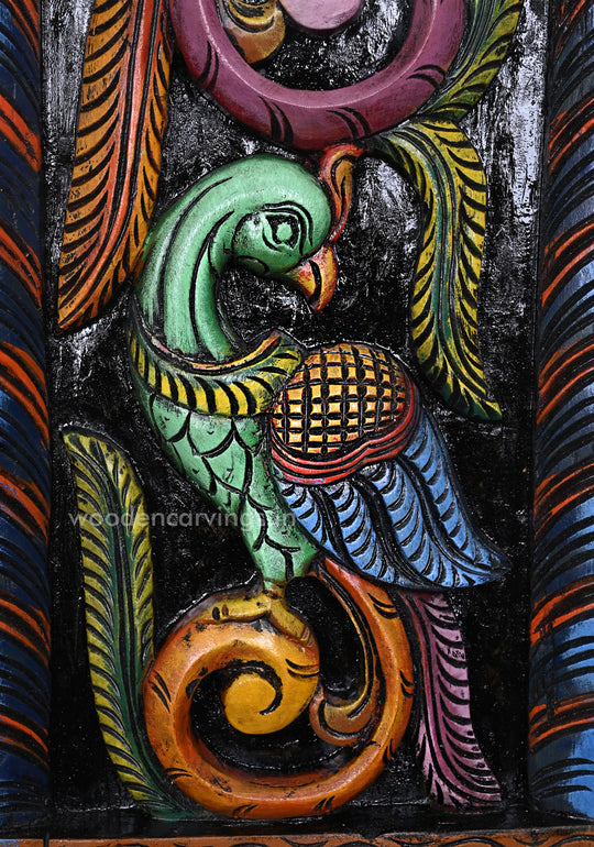 Colourful Standing Peacocks on Tree Handcrafted Vertical Wall Decor Wooden Hooks Fixed Panel 35.5"