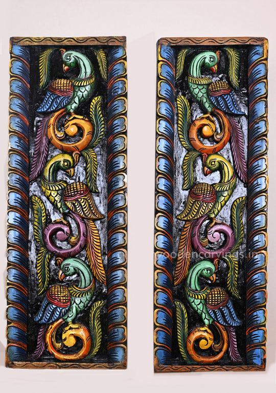 Colourful Standing Peacocks on Tree Handcrafted Vertical Wall Decor Wooden Hooks Fixed Panel 35.5"