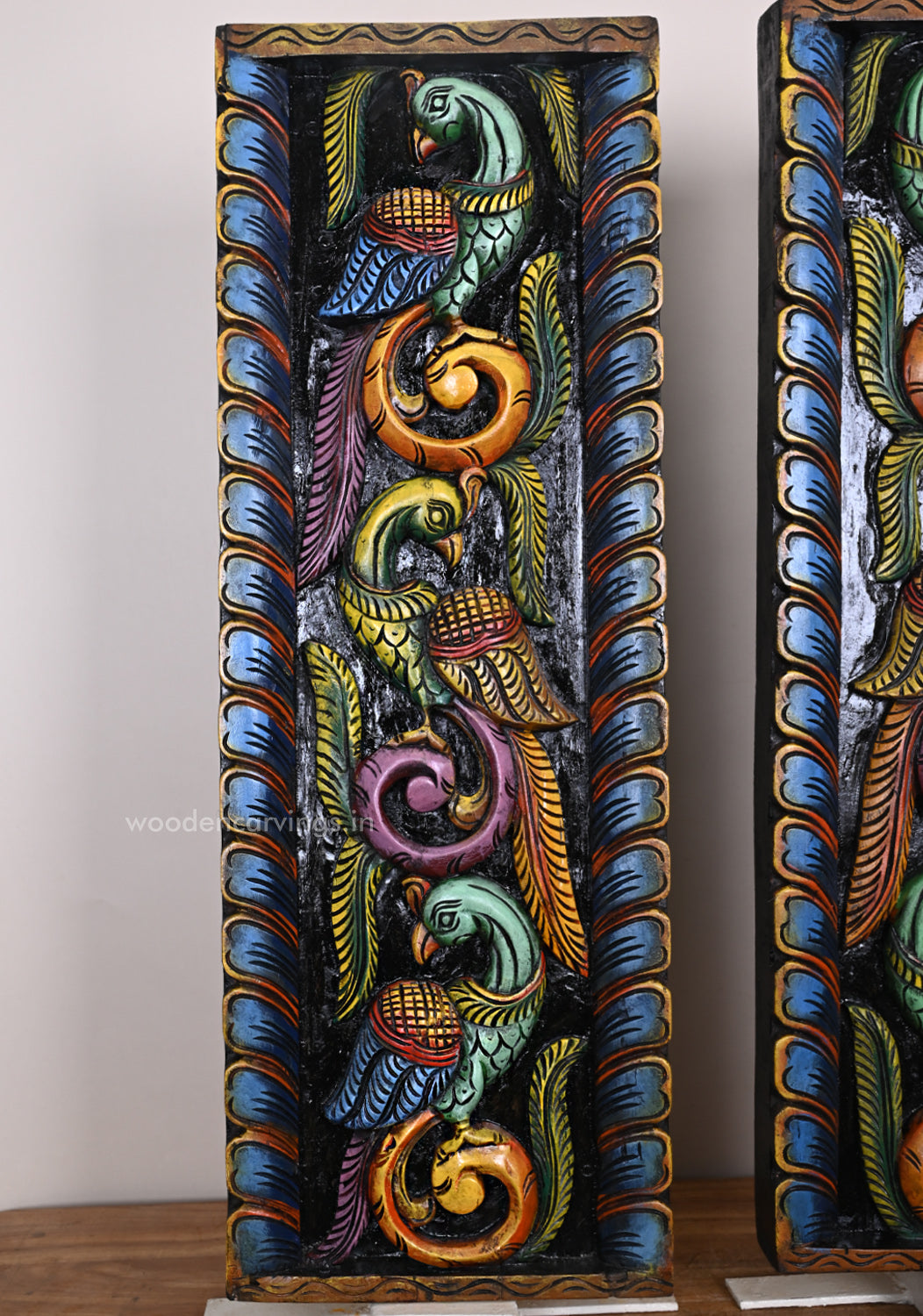 Colourful Standing Peacocks on Tree Handcrafted Vertical Wall Decor Wooden Hooks Fixed Panel 35.5"