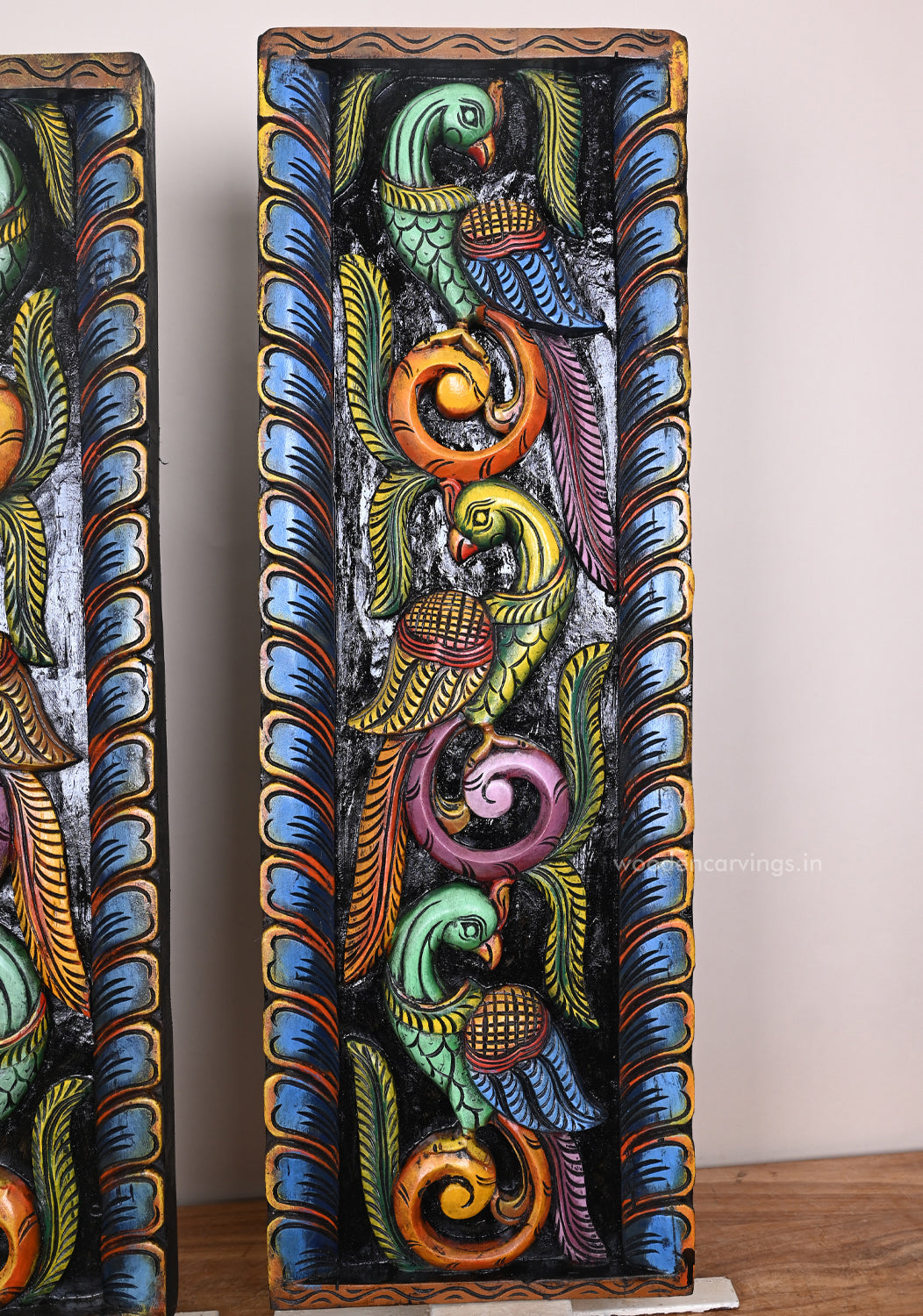 Colourful Standing Peacocks on Tree Handcrafted Vertical Wall Decor Wooden Hooks Fixed Panel 35.5"