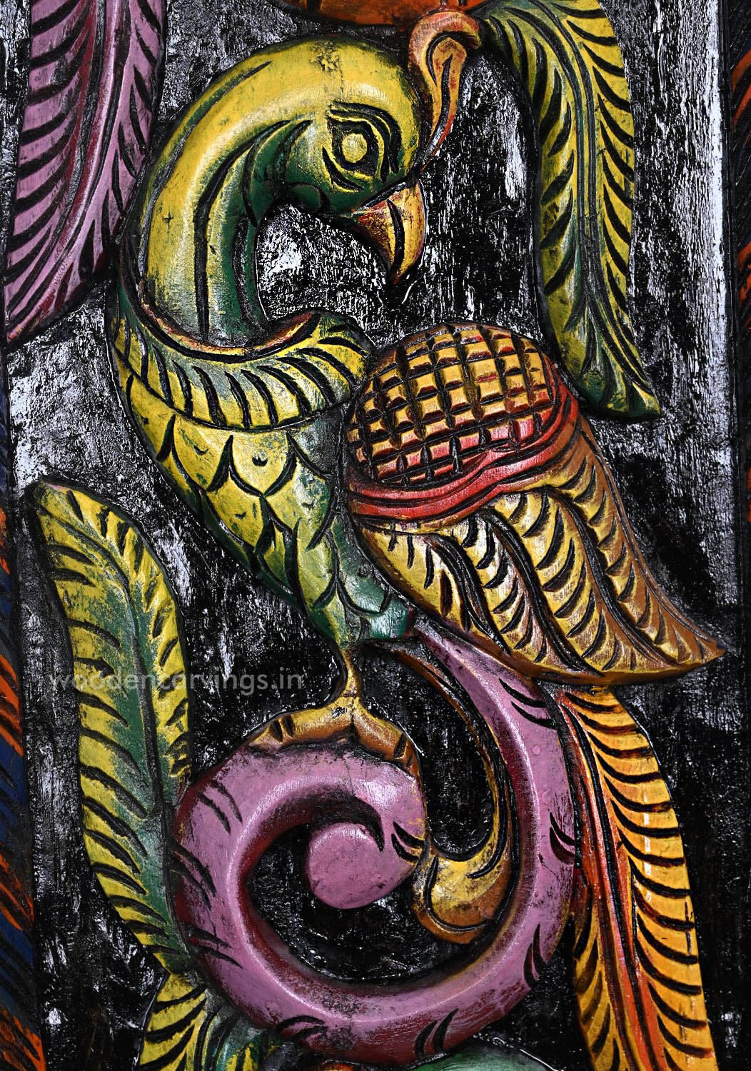 Colourful Standing Peacocks on Tree Handcrafted Vertical Wall Decor Wooden Hooks Fixed Panel 35.5"