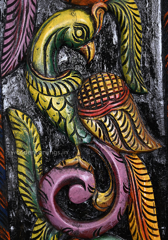 Colourful Standing Peacocks on Tree Handcrafted Vertical Wall Decor Wooden Hooks Fixed Panel 35.5"