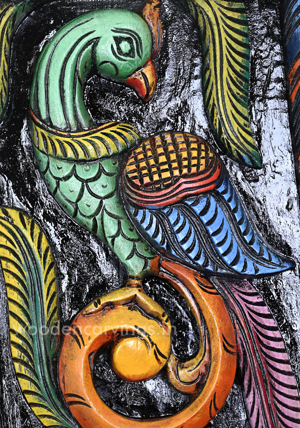 Colourful Standing Peacocks on Tree Handcrafted Vertical Wall Decor Wooden Hooks Fixed Panel 35.5"