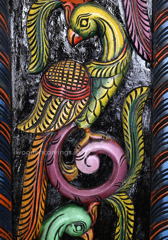 Colourful Standing Peacocks on Tree Handcrafted Vertical Wall Decor Wooden Hooks Fixed Panel 35.5"