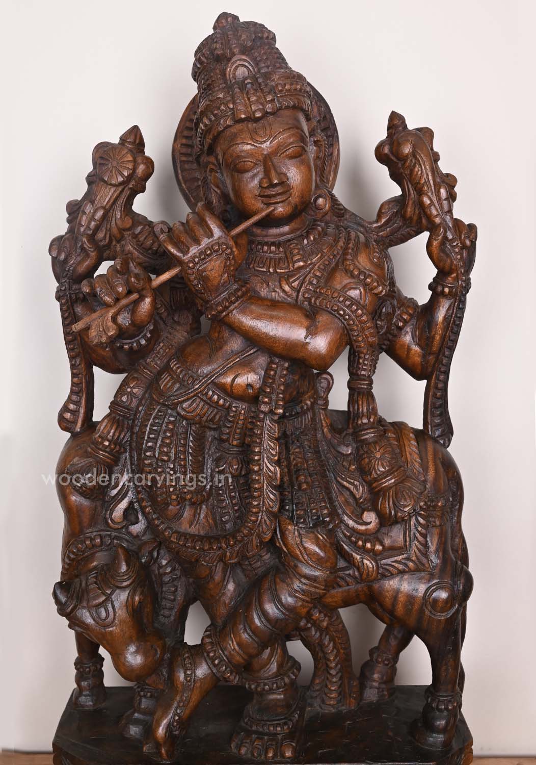 Smiling Lord Gopal Krishna Playing With Bansuri Flute Handcrafted Fine Finishing Pooja Room Decor Sculpture 36"