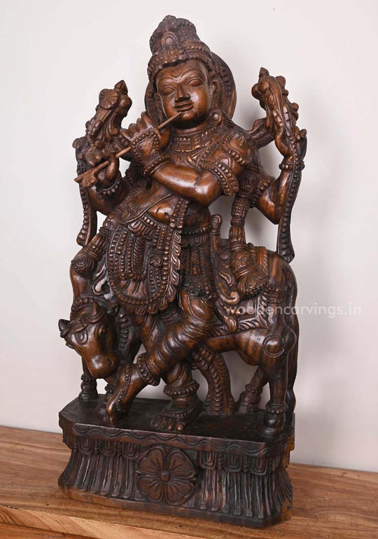 Smiling Lord Gopal Krishna Playing With Bansuri Flute Handcrafted Fine Finishing Pooja Room Decor Sculpture 36"