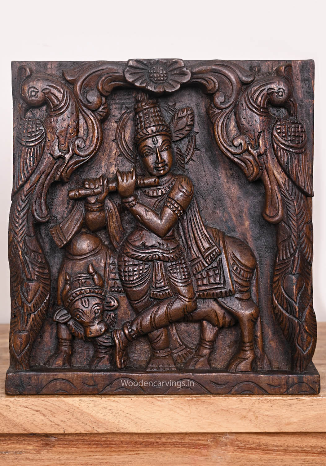 Standing Murthi Lord Krishna Carved With Standing Two Peacocks Handcrafted Wooden Wax Brown Wall Mount 12"