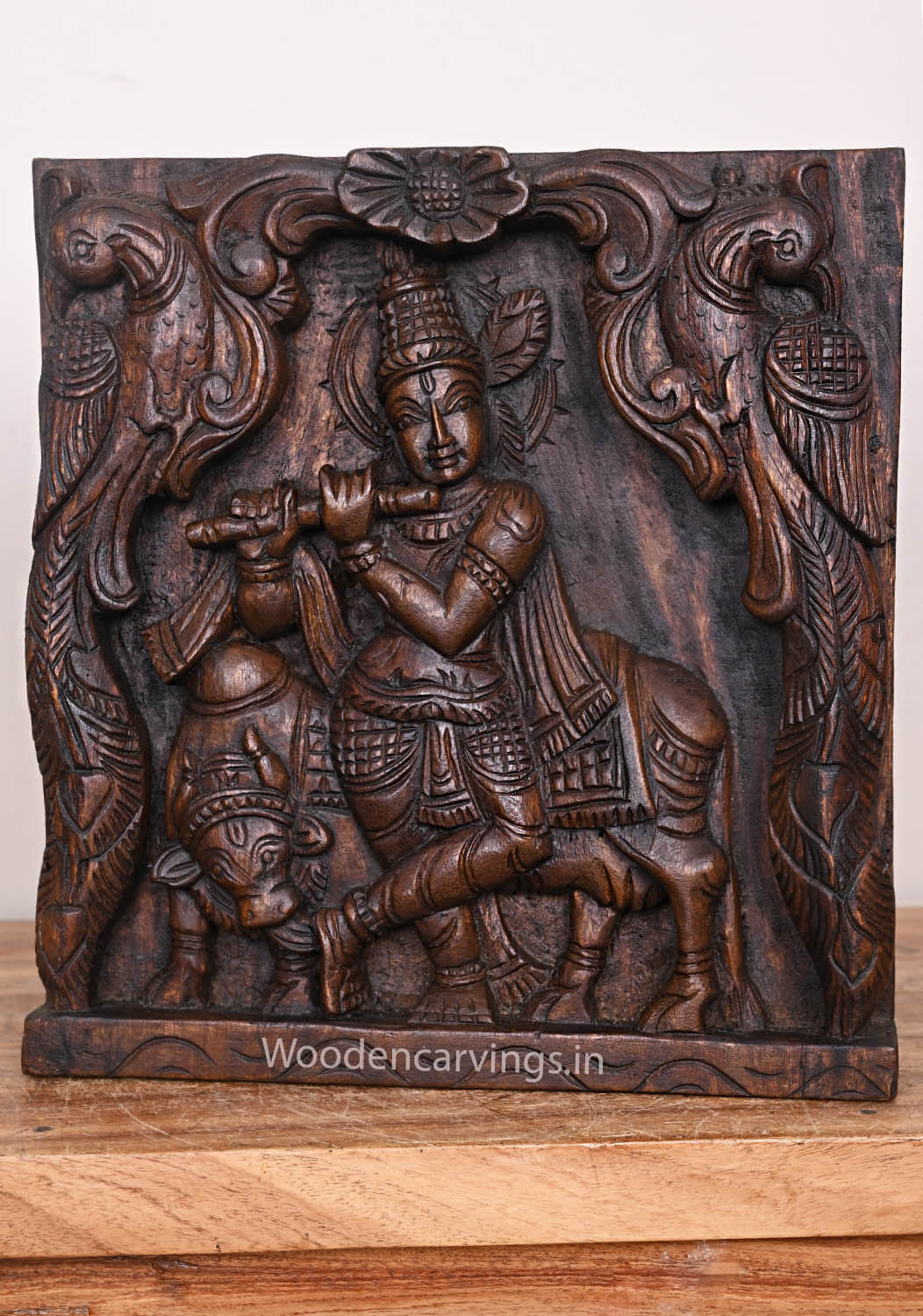 Standing Murthi Lord Krishna Carved With Standing Two Peacocks Handcrafted Wooden Wax Brown Wall Mount 12"