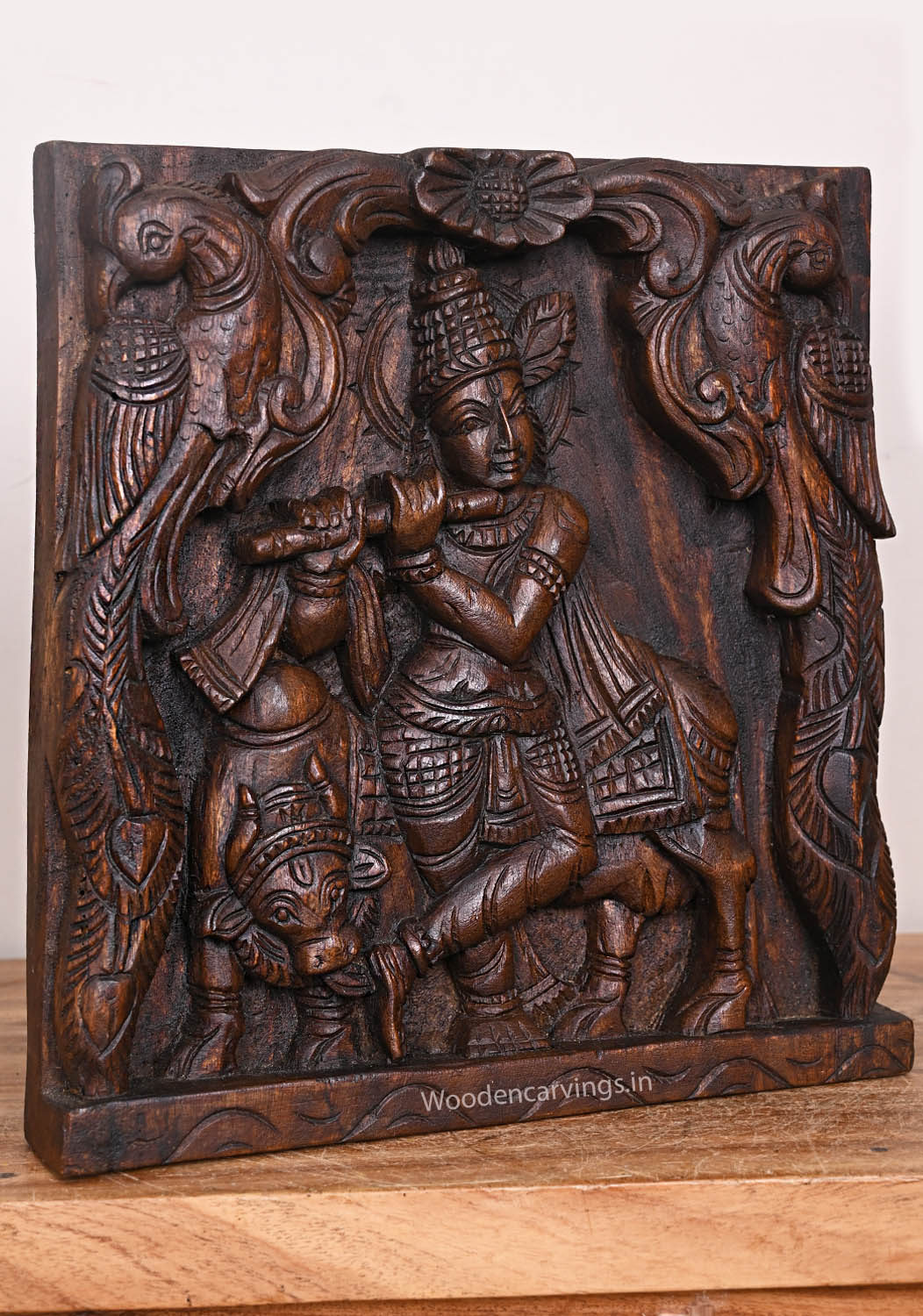 Standing Murthi Lord Krishna Carved With Standing Two Peacocks Handcrafted Wooden Wax Brown Wall Mount 12"