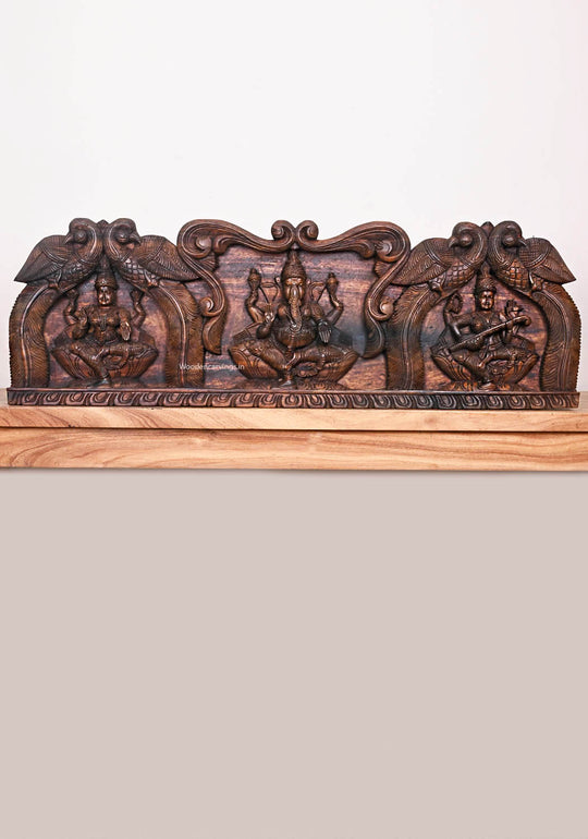 Lord Ganesh With Mahalakshmi and Goddess Saraswathi Handcrafted Paired Parrot Designed Wooden Wall Panel 35"