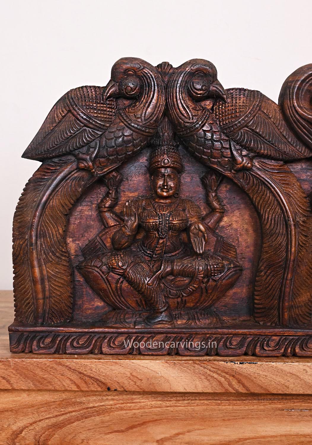 Lord Ganesh With Mahalakshmi and Goddess Saraswathi Handcrafted Paired Parrot Designed Wooden Wall Panel 35"