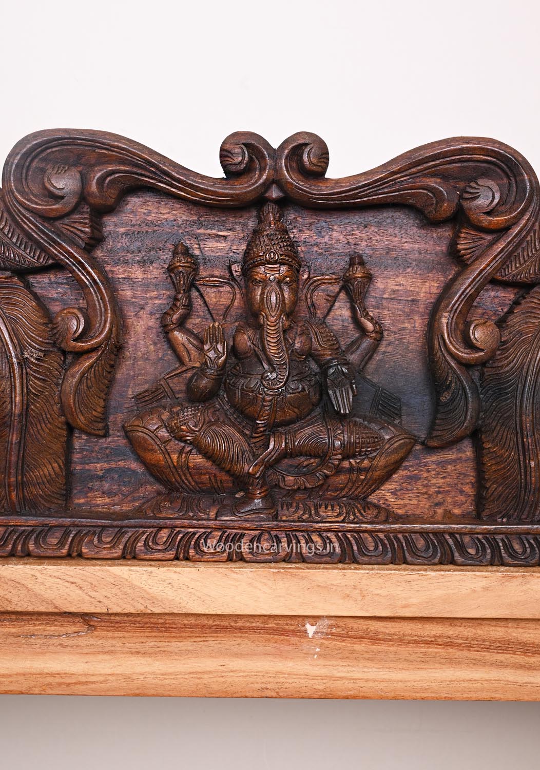 Lord Ganesh With Mahalakshmi and Goddess Saraswathi Handcrafted Paired Parrot Designed Wooden Wall Panel 35"