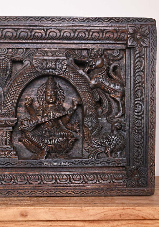 Frame Design Prabhavali Lord Ganesh With Goddess Lakshmi and Saraswathi Wall Decoration Wall Panel 42"