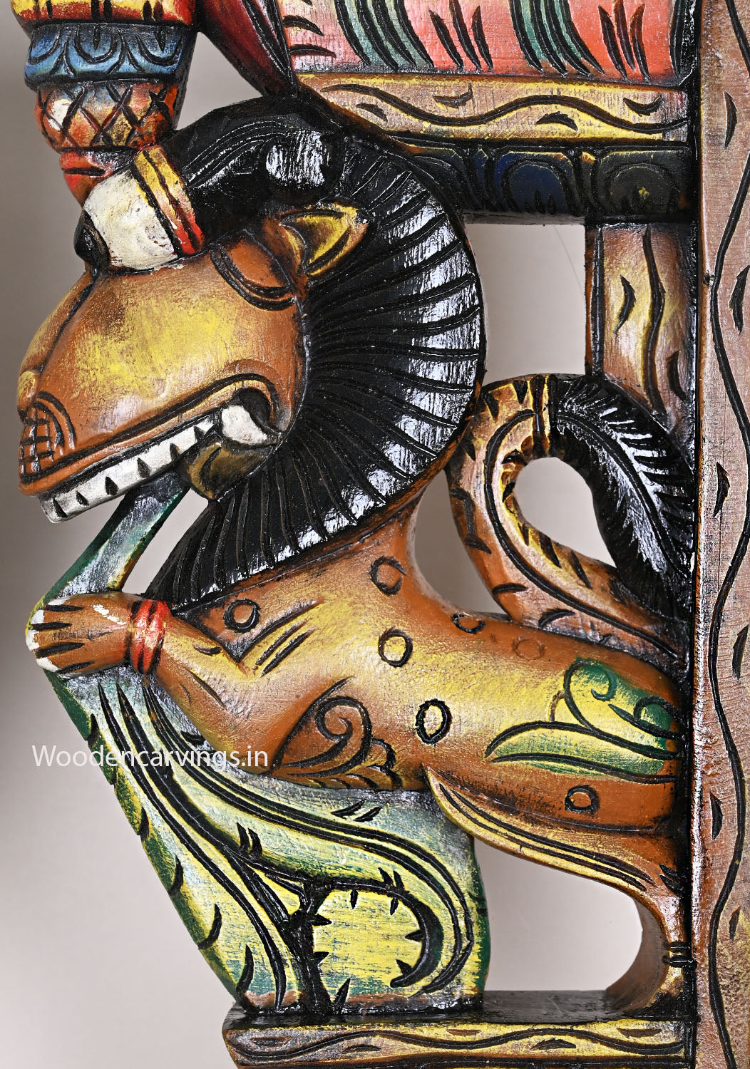 Light Weight Yellow Colour Standing Handcrafted Paired Yaazhi Wooden Multicoloured Wall Mount 18"