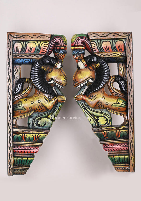 Light Weight Yellow Colour Standing Handcrafted Paired Yaazhi Wooden Multicoloured Wall Mount 18"