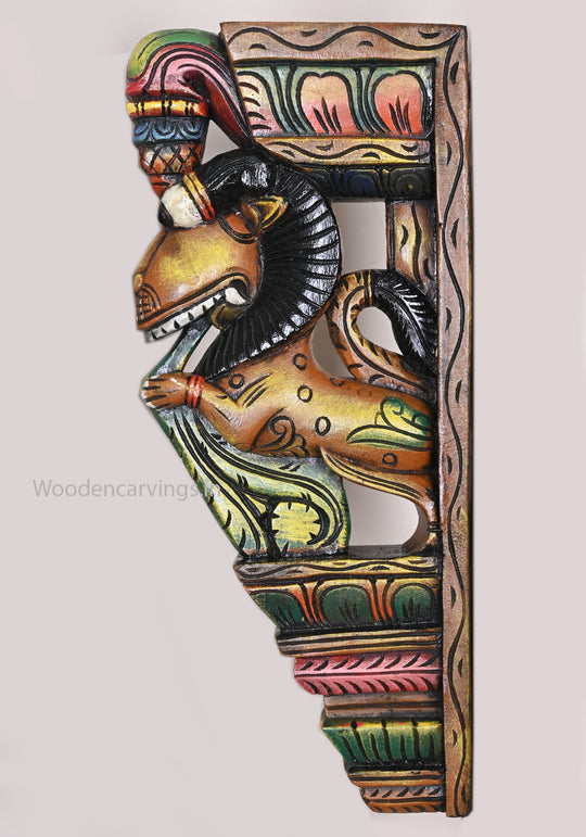 Light Weight Yellow Colour Standing Handcrafted Paired Yaazhi Wooden Multicoloured Wall Mount 18"