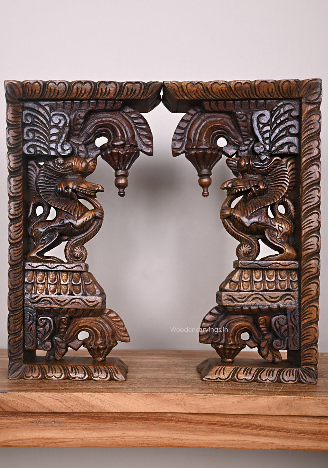 Bodhil with Floral Design Standing Paired Yaazhi Handcrafted Wax Brown Finishing Wall Decoration Brackets 20"