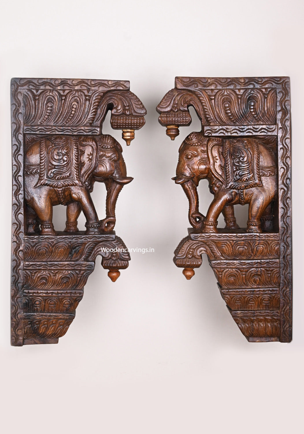 Standing Paired Dome Fixed Elephants With Fine Wax Brown Finishing Wall Hanging Hooks Fixed Wall Brackets 24"